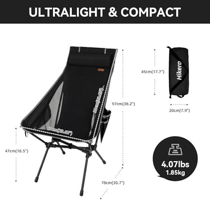 High Back Camping Chair for Adults, Folding Chair Supports 440 lbs, Lightweight Portable Backpacking Chair with Adjustable Pillow for Hiking & Camping