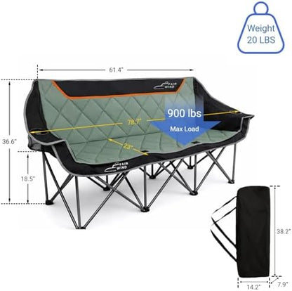FAIR WIND Oversized 3 Person Camping Chair Padded Triple Loveseat Folding Camping Couch Duo Chair Heavy Duty Quad Fold Arm Chair with Cup Hold - Supports 900 LBS Black