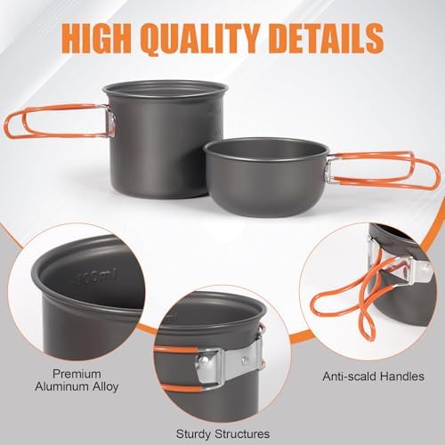 REDCAMP 6/10/11/12/14/15/19 PCS Camping Cookware Mess Kit Camping Gear Campfire Utensils Lightweight Stackable Pot Pan Bowls Soup Spoon with Storage Bag for Camping, Backpacking, Outdoor Cooking