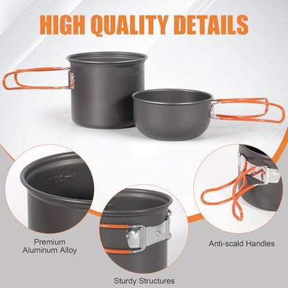REDCAMP 6/10/11/12/14/15/19 PCS Camping Cookware Mess Kit Camping Gear Campfire Utensils Lightweight Stackable Pot Pan Bowls Soup Spoon with Storage Bag for Camping, Backpacking, Outdoor Cooking