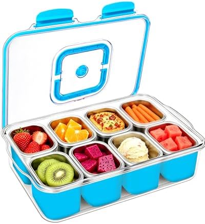 Snackle Box Container, Stainless Steel Divided Serving Tray with Lid and Handle, Large Snack Tray for Fruit Veggie Candy, 8-Compartment Snack Platter for Travel Beach Picnic,with Blue Silicone Sleeve