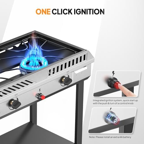 Bonnlo 2 Burner Propane Gas Stove with Auto Ignition, 150,000 BTU Portable Outdoor Camp Cooker Stove with Convenient Shelf & Smooth Rolling Wheels for Backyard, Camping, Tailgating, Patio Parties