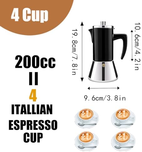 4 Cup Thickened 304 Stainless Steel Moka Pot Stovetop Espresso Maker Cafeteras Italian Percolator Espress Makers Capable Greca Mocha Coffee Machine for Induction Home and Camping 200ml 6.6oz