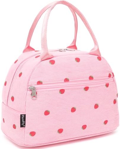 FlowFly Insulated Lunch Bag for Women – Corduroy Lunch Tote Box, Cute Cooler Bag for Work, Travel, Picnic,Corduroy Strawberries RoseRed