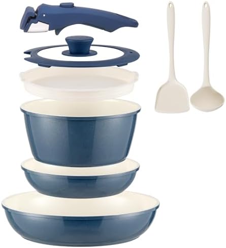 8Pcs Pots and Pans Set Nonstick Ceramic Cookware Set Removable Handle Induction Kitchen Cooking Set with Frying Pans and Sauce Pan, Blue