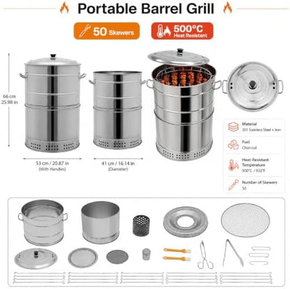 Portable Stainless Steel Charcoal Grill, Smokeless Barrel BBQ Grill with 50 Skewers, Large Capacity 360° Outdoor Cooking for Camping, Picnic, and Backyard Barbecue