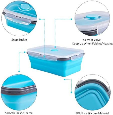 Collapsible Food Storage Containers with Airtight Lid & Air Vent, 40.5 oz, Kitchen Stacking Silicone Collapsible Meal Prep Container Set for Leftover, Microwave Freezer Dishwasher Safe, Blue, Set of 4