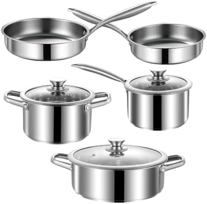 Stainless Steel Pots and Pans Set, 8 Piece Kitchen Induction Cookware Sets with Glass Lids, Works with Induction, Electric and Gas Cooktops, Non Toxic, Oven & Dishwasher Safe
