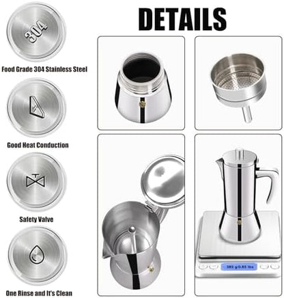 2 Cup Thickened 304 Stainless Steel Moka Pot Stovetop Espresso Maker Cafeteras Italian Percolator Espress Makers Capable Greca Mocha Coffee Machine for Induction Home and Camping 100ml 3.4oz