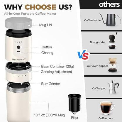 HAUSHOF Portable Coffee Maker for Travel, Rechargeable Electric Grinder