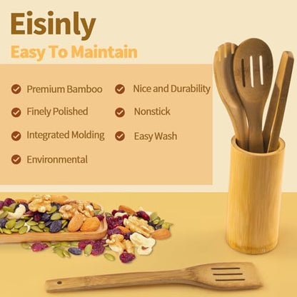 Eisinly 7-Piece Wooden Cooking Spoons,Durable Carbonized Bamboo Utensil Set