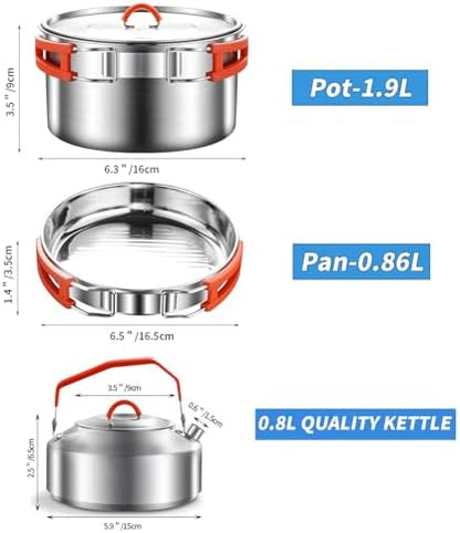 Camping Cookware Set 304 Stainless Steel Camping Pot Pan and Kettle Kit