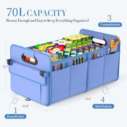 titiyiof Trunk Organizer For Suv & Sedan,Car Organizers and Storage, Waterproof Collapsible & Adjustable Straps,70L Sturdy Car Organization for Car Accessories, Tools,Sundries,2-3Compartment（Blue