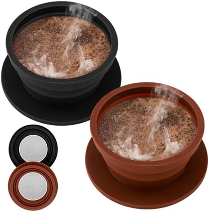 2-Packs Travel Collapsible Paperless Pour Over Coffee Dripper Kit with Stainless Steel Filter, Travel Pour Over Coffee Maker Camping, Silicone Coffee Strainer Pour Over Single Cup (Brown+Black)