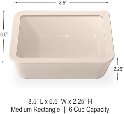 Glass Food Storage Container with Lid, 6-Cup Medium Rectangle | Microwave-Safe Airtight Lid, Oven-Safe Ceramic-Coated Glass | Zero Plastic, No PFAS/PFOA/BPA, Reusable [Crema]