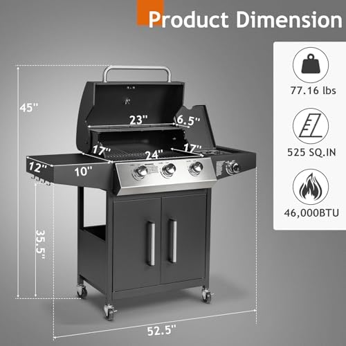 ROVSUN 3-Burner Propane Gas BBQ Grill with Side Burner & Enameled Cast Iron Grates, 46,000 BTU Barbecue Grill with Wheels for Outdoor Patio Backyard Cooking Grilling, Black