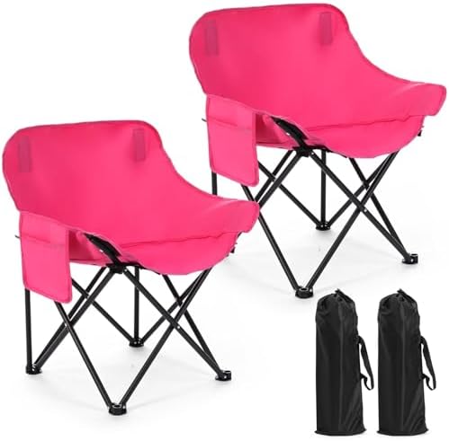 2 Pack Compact Camping Chairs Portable Folding for Outside with Carry Bag Lightweight Moon Chairs for Travel Picnic Hiking Beach Fishing, 600D Oxford, Supports 330lbs(Pink)
