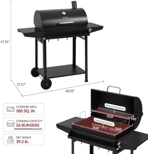 Royal Gourmet CC1830T Barrel Charcoal Grill, Front Storage Basket, Hooks