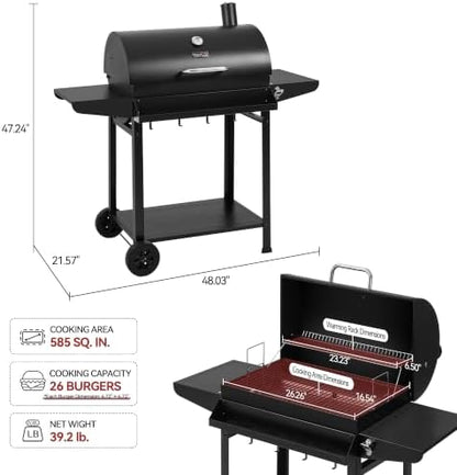 Royal Gourmet CC1830T Barrel Charcoal Grill, Front Storage Basket, Hooks