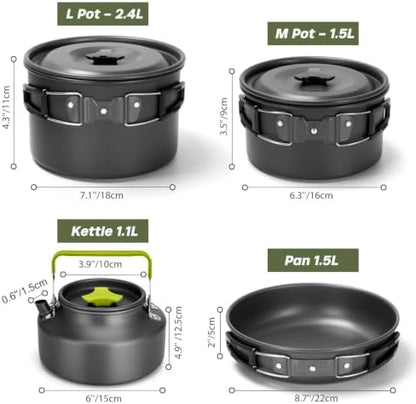 Odoland 29pcs Camping Cookware Mess Kit, Non-Stick Lightweight Pots Pan Kettle, Collapsible Water Container and Bucket, Stainless Steel Cups Plates Forks Knives Spoons for Outdoor Backpacking Picnic