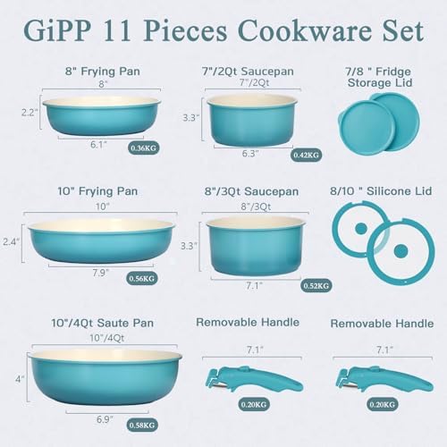 GIPP 11pcs Pots and Pans Set Non Stick, Nonstick Cookware Set Detachable Handle, Ceramic Pots for Cooking Non Stick with Removable Handle, RV Cookware Set for All Stoves, Light Blue Gradient