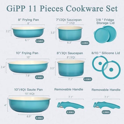 GIPP 11pcs Pots and Pans Set Non Stick, Nonstick Cookware Set Detachable Handle, Ceramic Pots for Cooking Non Stick with Removable Handle, RV Cookware Set for All Stoves, Light Blue Gradient