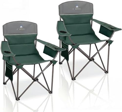 Oversized Camping Chairs 2 Pack - Heavy Duty 400LBS Padded Lawn Chair with Cooler Bag,Cup Holder,Side Pocket,Collapsible for Outdoor,Camp,Fishing & Garden,Dark Green