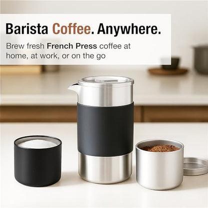 Small French Press Coffee Maker Set - 12 oz | Portable Travel French Press Coffee Maker | Double Wall Insulated with Dual Stainless Filters & 2 Steel Canisters for Grounds, Tea, Creamer & Sugar
