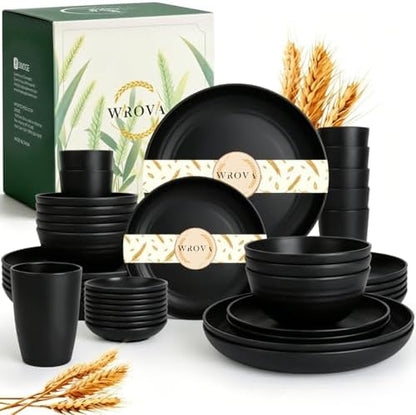 Wrova Wheat Straw Dinnerware Sets 40PCS, Black Plates and Bowls Sets for 8