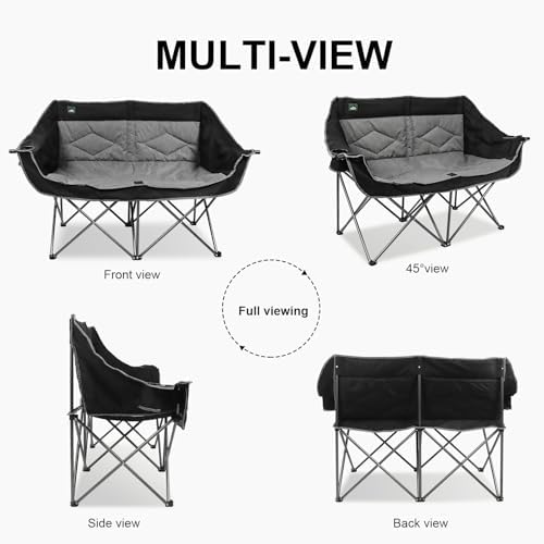 Northroad Folding Loveseat Camping Chair Portable Double Duo Full Padded Garden Chair for 2 Person Sofa w/ 2 Cup Holder,Wine Glass Holder,Mesh Storage,Support 500lbs for Picnic Beach Travel