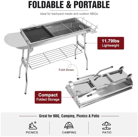 Portable Charcoal Grill, Large Outdoor BBQ Grill with Storage Shelf