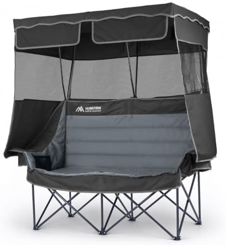 Huskfirm Double Camping Chair with Canopy Shade Folding Camping Couch Black