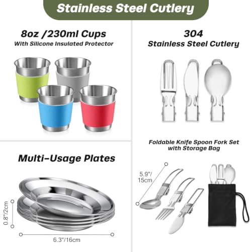 Odoland 29pcs Camping Cookware Mess Kit, Non-Stick Lightweight Pots Pan Kettle, Collapsible Water Container and Bucket, Stainless Steel Cups Plates Forks Knives Spoons for Outdoor Backpacking Picnic