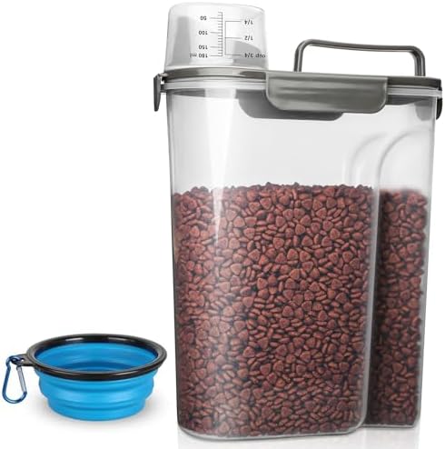 TIOVERY Dog Food Storage Container, 5-7 Lbs Airtight Pet Food Container, Cat Food Container Dispenser Plastic Bin with Pouring Spout, Portable Handle and a Collapsible bowl for Dogs Cats Grey/6Qt
