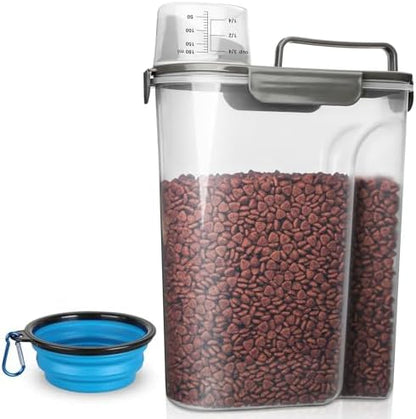 TIOVERY Dog Food Storage Container, 5-7 Lbs Airtight Pet Food Container, Cat Food Container Dispenser Plastic Bin with Pouring Spout, Portable Handle and a Collapsible bowl for Dogs Cats Grey/6Qt