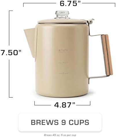 COLETTI Bozeman Color Series Percolator Coffee Pot — Camping Coffee Makers — Camping’s Favorite Percolator – NO Aluminum or Plastic (Tan, 9 Cup)