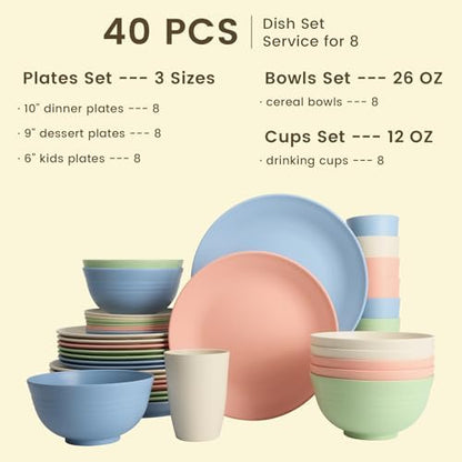 Homienly 40-Piece Dinnerwave Sets, Service for 8, Wheat Straw Dinnerware Set - Plates and Bowls Set with Cups, Lightweight Microwave and Dishwasher Safe Dish Set for Dinner, Outdoor - Multi Light