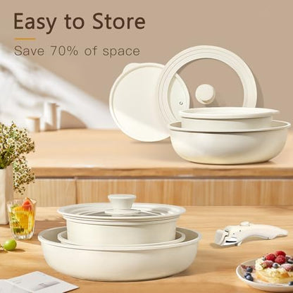 GIPP Pots and Pans Set Non Stick,Kitchen Cookware Set Detachable Handle, Non Toxic Cooking Pan Set with Frying Pans Set,RV Cookware Sets for All Stoves, Cream White, 21PCS
