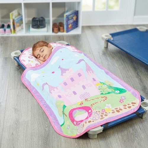 EVERYDAY KIDS Cute Preschooler and Toddler Cot Nap Mat for Home, Daycare, Preschool and Kindergarten; Easy to Roll Sleeping Mat with Elastic Straps, Pillow and Blanket