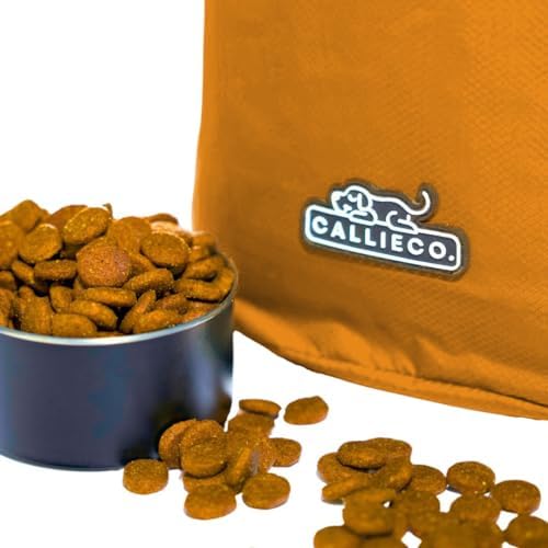 Callieco Dog Food Travel Bag w/ 1 Cup Scoop and Zipper Side Pocket | Waterproof Kibble Storage Container for Home, Road Trips, Camping, Boarding and More (Orange, 64 Cups)