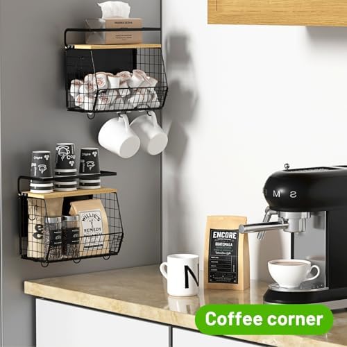 Ofiray-home Magnetic Shelf for Fridge with Wood Lid, Fruit Potato and Onion Storage Bins, Pantry Organizers & Storage, Large Container Magnetic Spice Rack for Refrigerator, Kitchen Counter (Black, 2)