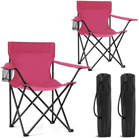 2 Pack Portable Camping Chairs Folding Lawn Chair Outdoor Lightweight Beach Chair with Cup Holder & Carry Bag for Outside Sports, Fishing, Hiking, Travel, Picnic, Backyard (Pink, Medium)