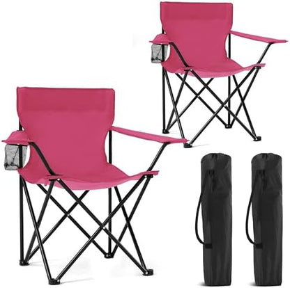 2 Pack Portable Camping Chairs Folding Lawn Chair Outdoor Lightweight Beach Chair with Cup Holder & Carry Bag for Outside Sports, Fishing, Hiking, Travel, Picnic, Backyard (Pink, Medium)