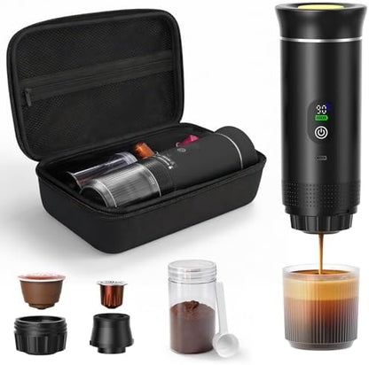 Portable Coffee Maker for Travel & Camping, Portable Espresso Maker with Bag, Rechargeable Cordless Battery Operated Coffee Makers for Ground Coffee, NS Capsule RV, Hiking, Office(Black)