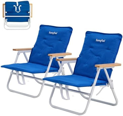 SUNNYFEEL Foldable Beach Chair, Beach Chair Backup with Wood Armrest & Cushion, Lightweight Camping Chair Heavy Duty for Beach, Camping, Lawn, Outdoor, Blue, 2 Pack