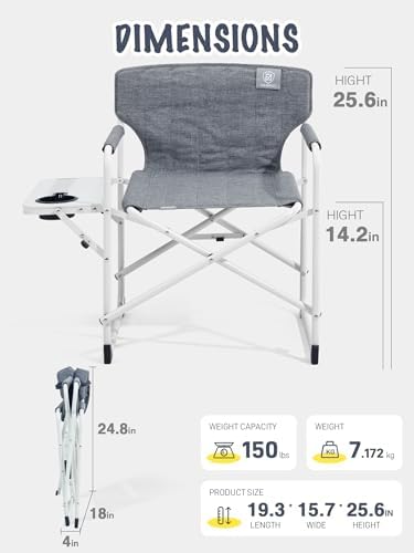 EVER ADVANCED Kids Directors Chair with Side Table, Padded Kids Folding Camping Chair Outdoor with Safety Lock, Lightweight Portable Camp Chairs for Beach, Balcony, Patio, Supports 150lbs, Grey