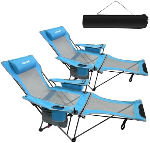 2-Pack Reclining Camping Chair 4 Position with Foot Rest Comfortable for Adults 265Ibs Folding Lounger Mesh Beach Chair with Cooler Bag and Cup Holder for Outdoor Patio