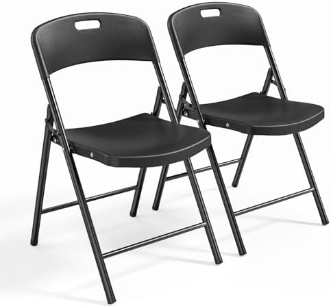 Bonnlo 2-Pack Black Plastic Folding Chairs, Portable Seat with Sturdy Steel Frame for Indoor & Outdoor Use, Perfect for Banquet, Party, Wedding, Office, and Camping