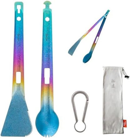 TiTo Titanium 4 in 1 Camping Cookware - Titanium BBQ Tongs, Spork, Knife and Spatula, Portable Lightweight Multi Tableware for Kitchen, Hiking, Backpacking, Outdoor Cooking, Travel, Picnics (Colorful)