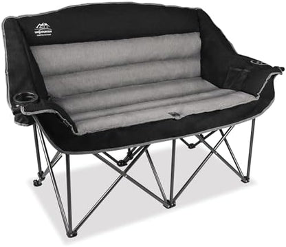 Fully Padded Folding Double Camping Chairs,Comfy Oversized Loveseat Lawn Chair w/Wine Glass Holder,Cup Holder,Heavy Duty Outdoor Portable Camp Couch Support 600 Lbs,Black